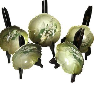 Antique German Lily of the Valley Bowl Set 5 Hand Painted Green Floral Porcelain